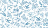 Fototapeta Dinusie - Toile De Jouy banner. Wild bird and exotic plants. Seamless pattern. Eastern landscape. Linear Flowers and roses. Hand drawn sketch in vintage style.