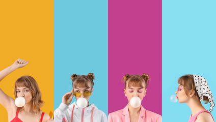 Sticker - Collage of beautiful young girl with chewing gum on color background