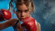Young female teenage girl boxer preparing to punch, sweaty and focus, large red boxing gloves, attaching posing, concept of will win, power of spirit.