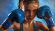 Young female teenage girl boxer preparing to punch, sweaty and focus, large blue boxing gloves, attaching posing, concept of will win, power of spirit.