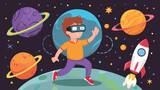 Fototapeta  - Virtual reality concept: a person in space next to planets and a rocket, with a character wearing VR glasses as a metaphor for innovation and modern technology, suitable for gaming or learning. Illust