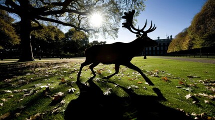 Wall Mural - a statue of a deer in the middle of a grassy area with leaves on the ground and a building in the ba