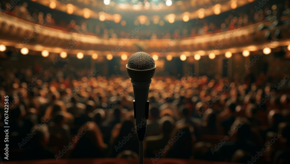 A microphone stands on the stage of an auditorium filled with people ...