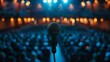 © SKIMP Art - A microphone stands on the stage of an auditorium filled with people, closeup with a blurred background Generative AI