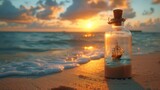 Fototapeta  - Bottle on Beach: Pirate Ship, Ocean, Dramatic Sky