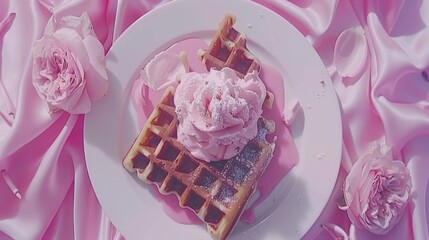 Poster -  a white plate topped with a waffle covered in powdered sugar and a pink flower on top of it.