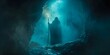 The Enigmatic Figure with a Glowing Amulet in a Dark Cave, Wielding a Wooden Staff and Channeling Energy on a Misty Night. Concept Fantasy Photography, Magical Character, Dark Cave Setting
