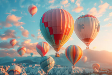  A cluster of vibrant hot air balloons gracefully ascending against the backdrop of a clear blue sky. Concept of a colorful and uplifting spring adventure. Generative Ai.