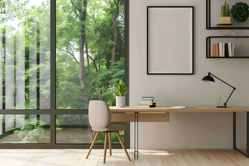 Wall Mural - A modern home office with a minimalist desk, chair and floating shelves made of light wood against white walls, a large window showing greenery outside with clean lines and natural lighting.