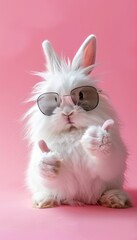 Wall Mural - Funny easter bunny with sunglasses giving thumbs up on pastel background, space for text, cute pet