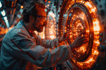 Poster - A scientist adjusting the parameters of a particle accelerator, unlocking the secrets of particle physics and fundamental particles. Concept of particle acceleration. Generative Ai.