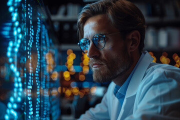 Poster - A geneticist analyzing DNA sequences on a computer screen, unraveling the genetic code and its implications. Concept of genomic exploration. Generative Ai.