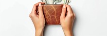 Wallet And Cash In The Hands Of A Woman Against A White Background