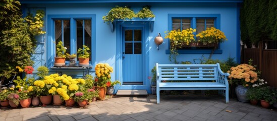 Canvas Print - An electric blue house with a bench and potted plants on the facade, featuring windows, doors, and fixtures, surrounded by green grass