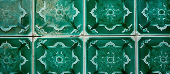 Poster - a detailed closeup of a green ceramic tile wall featuring an intricate pattern resembling plant and 