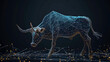 Three dimensional render of blue glowing wire-frame model of bull. Golden and Blue wireframe bull
