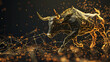 Golden wireframe bull in rage.  financial management stock market coceptual illustration. stock market rise symbol golden wire-frame stock bull
