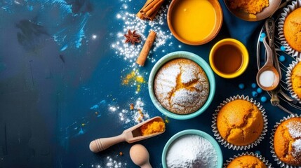 Wall Mural -  a table topped with muffins and cupcakes covered in powdered sugar next to a bowl of powdered sugar.