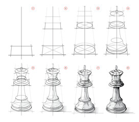 Wall Mural - Page shows how to learn to draw from life sketch a chess king. Pencil drawing lessons. Educational page for artists. Textbook for developing artistic skills. Online education. Vector illustration.