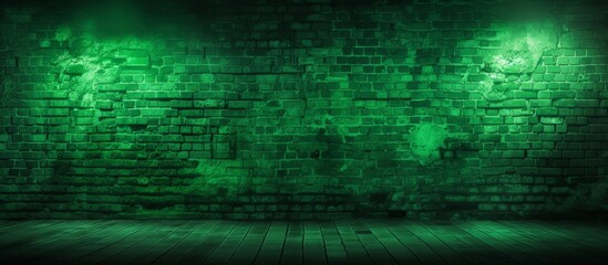 Poster - A dimly lit room with a green brick wall, electric blue tints and shades on a wooden floor. Symmetrical patterns of terrestrial plants in magenta and circles create a unique atmosphere