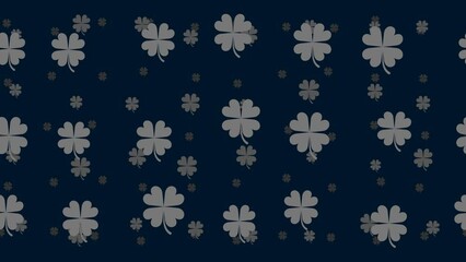 Poster - Four-leaf clover symbols float horizontally from left to right. Parallax fly effect. Floating symbols are located randomly. Seamless looped 4k animation on dark blue background