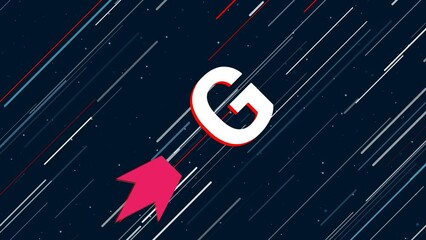 Poster - Capital letter G symbol flies through the universe on a jet propulsion. The symbol in the center is shaking due to high speed. Seamless looped 4k animation on dark blue background with stars