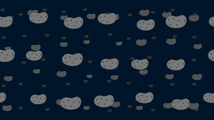 Poster - Potatoes symbols float horizontally from left to right. Parallax fly effect. Floating symbols are located randomly. Seamless looped 4k animation on dark blue background