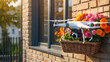 drone flies with a bouquet of flowers in a basket romantic