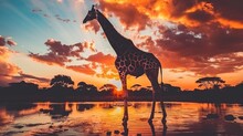  a giraffe standing in the middle of a body of water with the sun setting behind it and clouds in the sky.