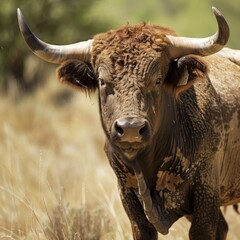 Poster - a bull with horns standing in a field