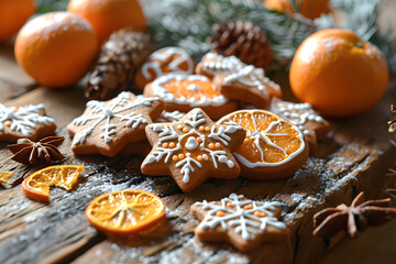 Wall Mural - assorted decorative Christmas cookies and oranges. dessert and holiday baking. creative handmade