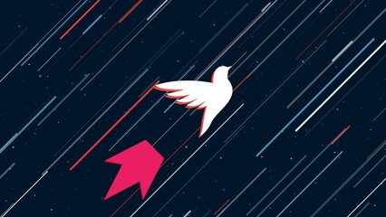 Poster - Bird symbol flies through the universe on a jet propulsion. The symbol in the center is shaking due to high speed. Seamless looped 4k animation on dark blue background with stars