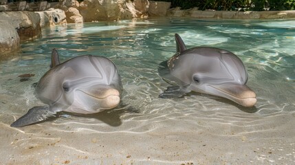  two dolphins swimming in a pool of water with rocks in the backgroud and a tree in the backgroud.