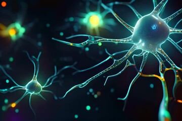 Poster - A digital blue neuron network illustration shines against a dark background, symbolizing brain activity and connectivity.
