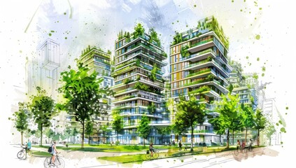 A sketch of green and sustainable buildings in the city, people walking with bicycles on park paths around them Generative AI