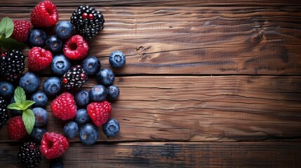 Canvas Print - Healthy mixed fresh berries on rustic wooden table. AI generated image