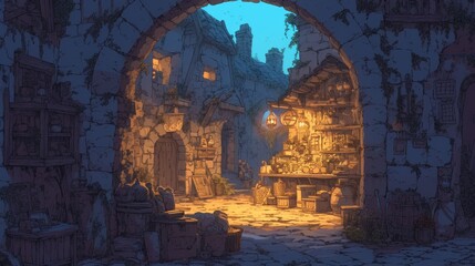 Wall Mural - a stone archway with a store in it