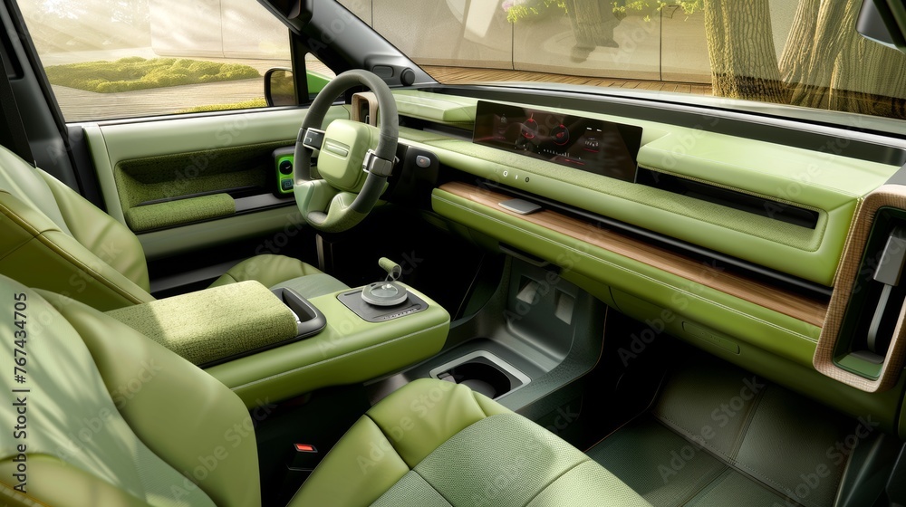 Green electric car interior. Eco-friendly vehicle design with a natural ...