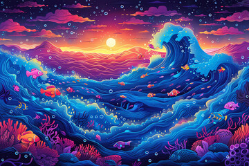 the abstract background is decorated with doodles of waves, cute fish and colorful underwater creatures swimming happily