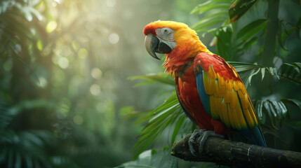 Wall Mural - A colorful parrot is perched on a branch in a lush green forest