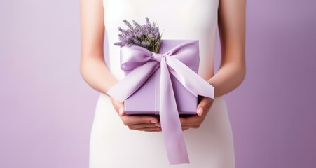 Poster - A woman holding a gift box with lavender flowers. Generative AI.