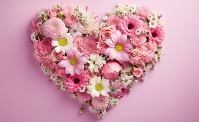 Poster - A heart shaped arrangement of pink and white flowers. Generative AI.