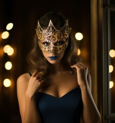 Canvas Print - A woman in a blue dress with gold mask and lipstick. Generative AI.