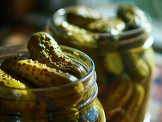 Two jars of pickles sitting on a table with some other food. Generative AI.