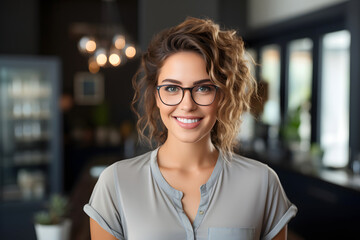 Wall Mural - portrait of a beautiful young woman with glasses in an office room. dream and desire in life