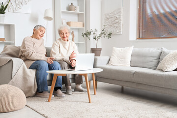 Canvas Print - Senior female friends with laptop at home