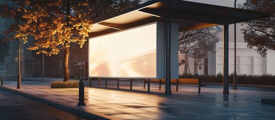 Poster - Side perspective of a plain white horizontal billboard located at a bus stop, illustrating a commercial idea. Design simulation.