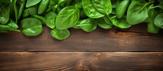 Wall Mural - A bunch of spinach leaves, a leaf vegetable, sits on a wooden table. The green, plantbased ingredient adds color and flavor to food dishes