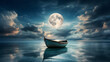A night landscape of the sea with a large moon illuminating the clouds and a small wooden boat on the surface of the water