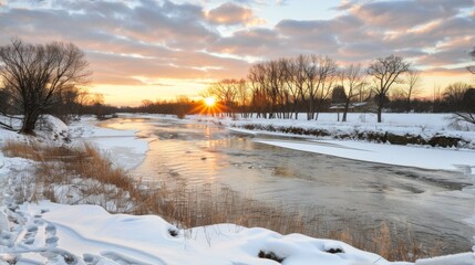 Poster -  a river running through a snow covered field next to a field with trees in the background and a sunset in the distance.